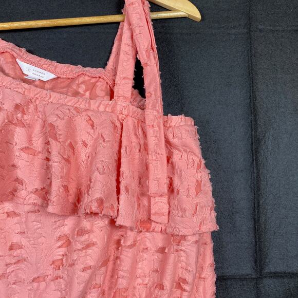 Lauren Conrad Womens Blouse Peach Coral One Shoulder Ruffle Fringe Stretch L - Picture 4 of 15